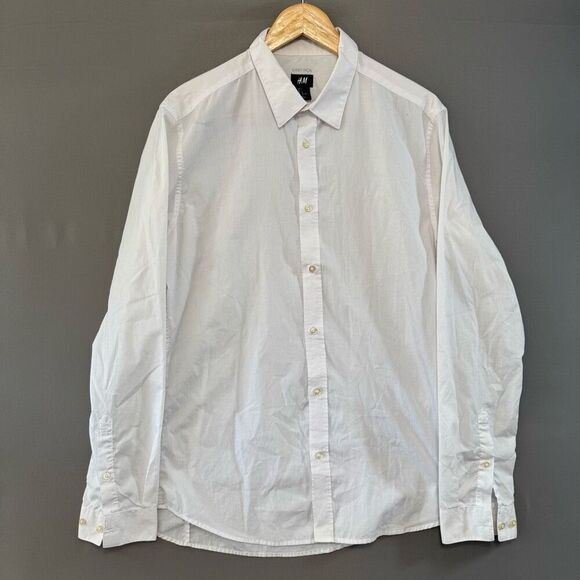H&M White Men’s Button Down Shirt Size Large Easy Iron Cotton Polyester Blend - Picture 1 of 8